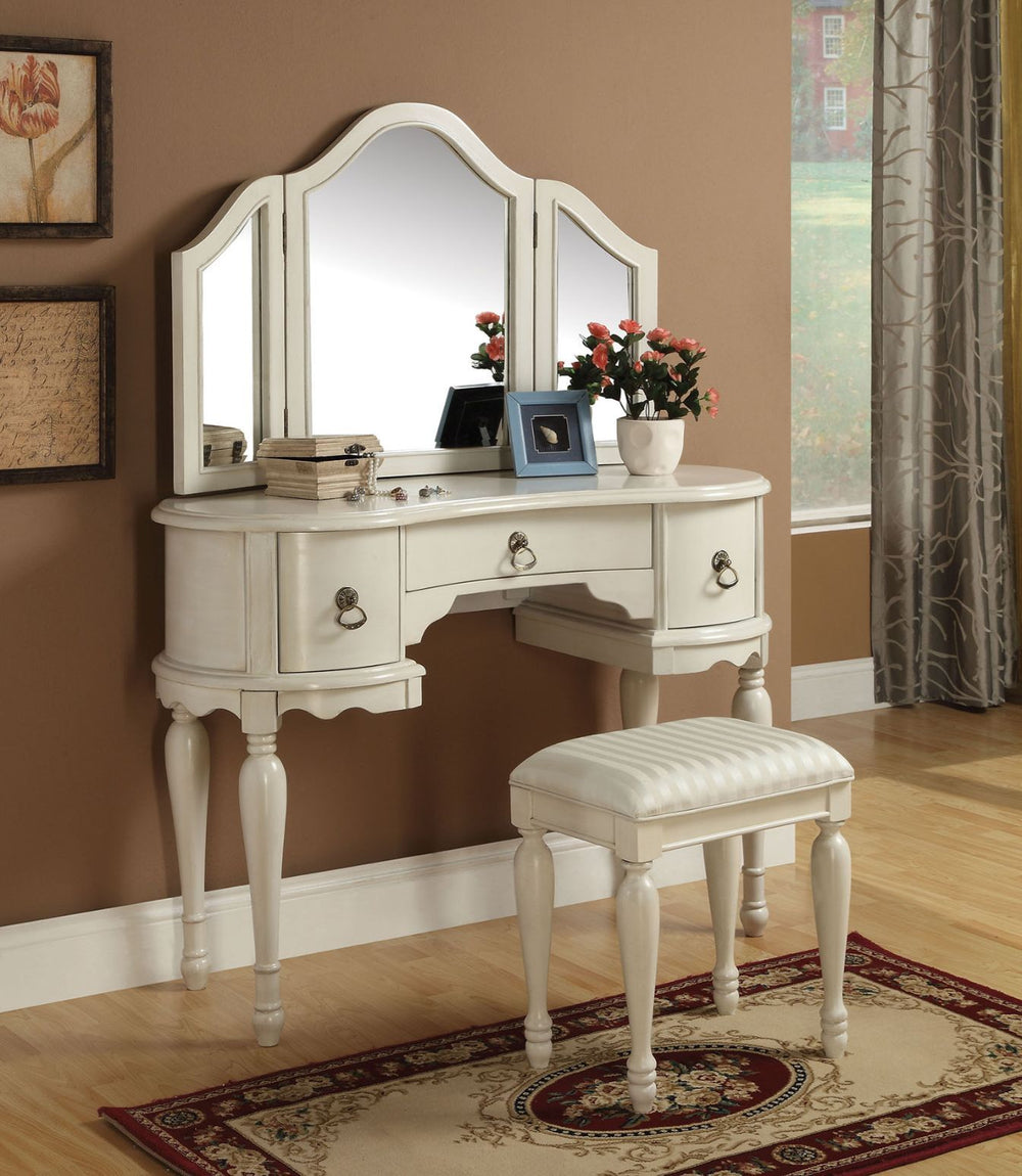 Vanity Table & Stool, Wood Drawer GLIDE, Connected on the Side<br/><br/><b>Product Features</b><ul><li>Case: 1Set/1Ctn</li><li>Finish: White</li><li>Style: Traditional, Cottage</li><li>Materials: Wood, Upholstery, Composite Wood</li></ul><br/>
