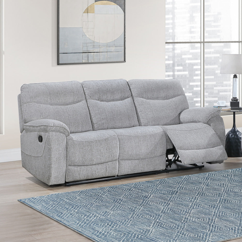 Experience the perfect combination of luxury, comfort, and functionality with the Chablis Reclining Sofa in Mist Gray. Expertly crafted with durable hardwood and plywood interior frames and supported by sturdy motion mechanisms, this sofa offers a long-la