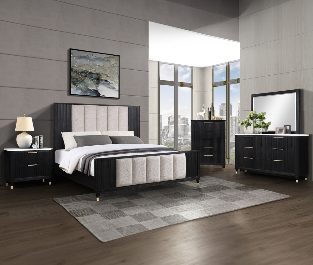 Elevate your sanctuary with this chic and contemporary bedroom ensemble that blends functionality with a sleek, modern aesthetic. The collection features a luxuriously upholstered bed, showcasing a high headboard and footboard with a refined fabric select