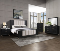 Elevate your sanctuary with this chic and contemporary bedroom ensemble that blends functionality with a sleek, modern aesthetic. The collection features a luxuriously upholstered bed, showcasing a high headboard and footboard with a refined fabric select