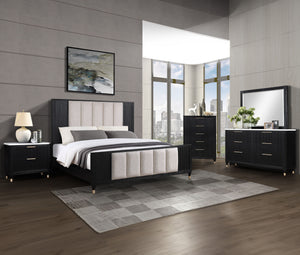 Elevate your sanctuary with this chic and contemporary bedroom ensemble that blends functionality with a sleek, modern aesthetic. The collection features a luxuriously upholstered bed, showcasing a high headboard and footboard with a refined fabric select