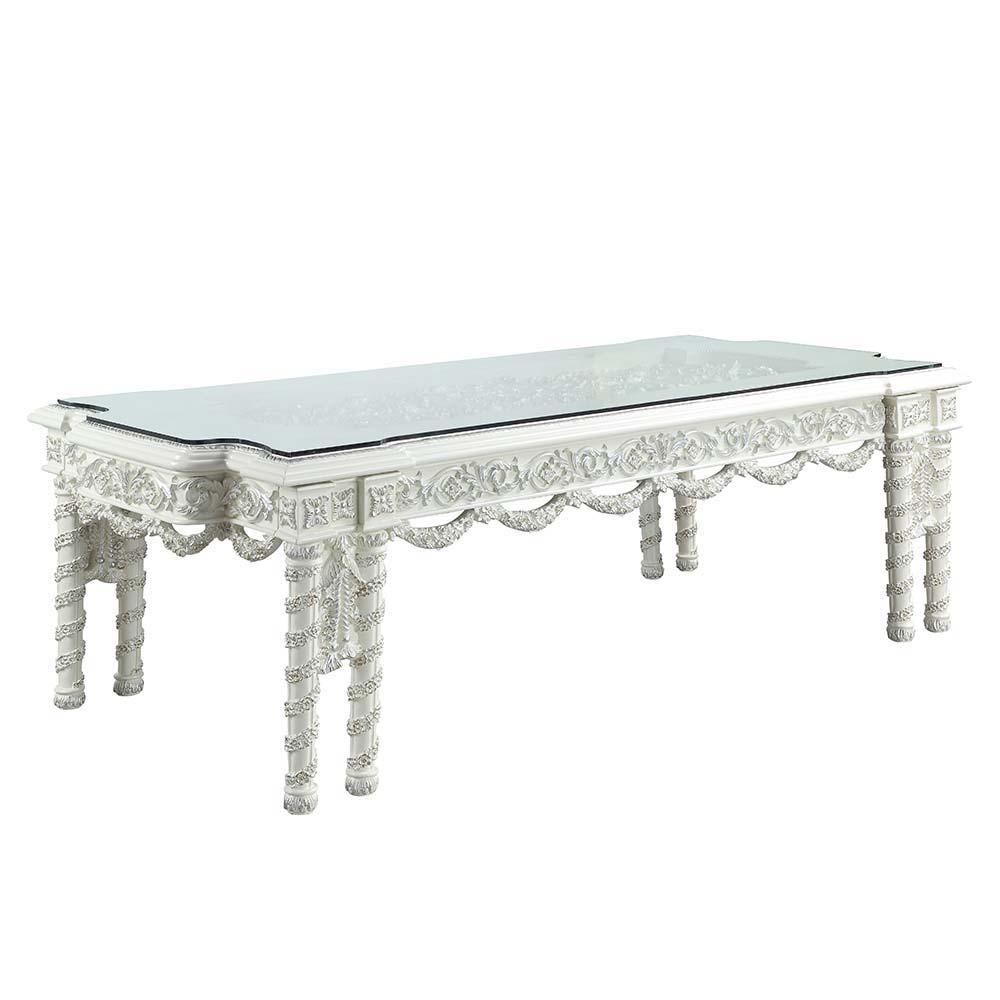 Sophisticated luxury radiates beautifully in the Vanaheim Dining Room Collection. Fabulous floral design with gorgeous details in each piece makes the collection classical and timeless. Antique white finish gives the surface an alluring feel and elegant t