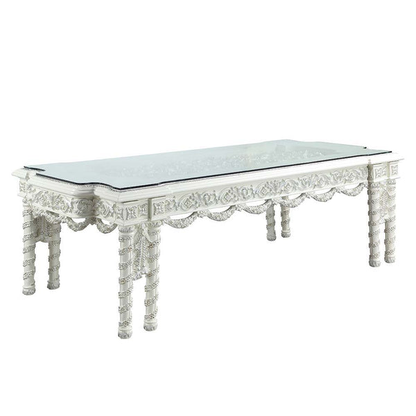 Sophisticated luxury radiates beautifully in the Vanaheim Dining Room Collection. Fabulous floral design with gorgeous details in each piece makes the collection classical and timeless. Antique white finish gives the surface an alluring feel and elegant t