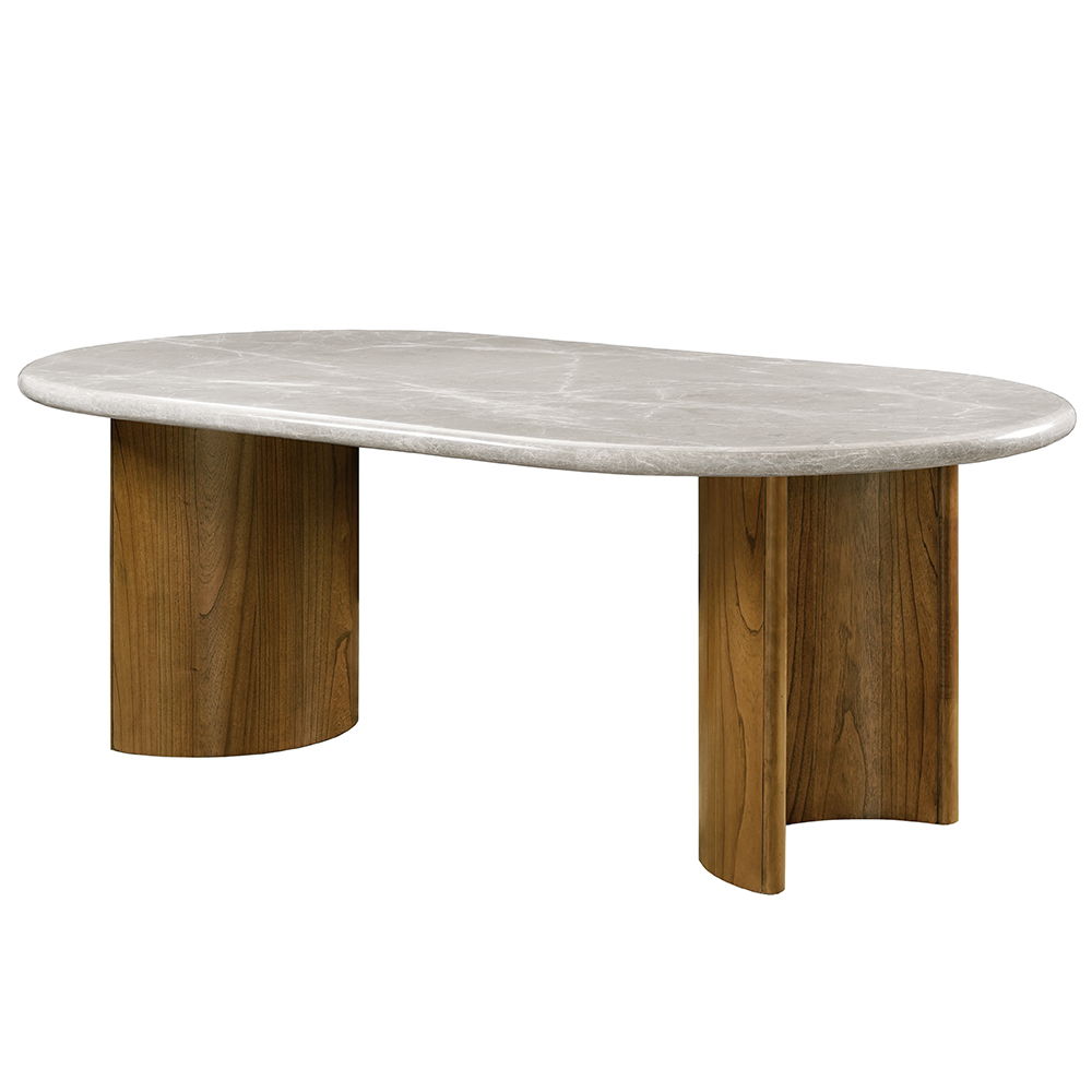 The Darcy dining set features a stunning oval marble top, offering a luxurious touch to your dining space. Supported by elegant double pedestals, this fixed table top exudes both strength and style. Paired with padded seat and back cushion side chairs, th