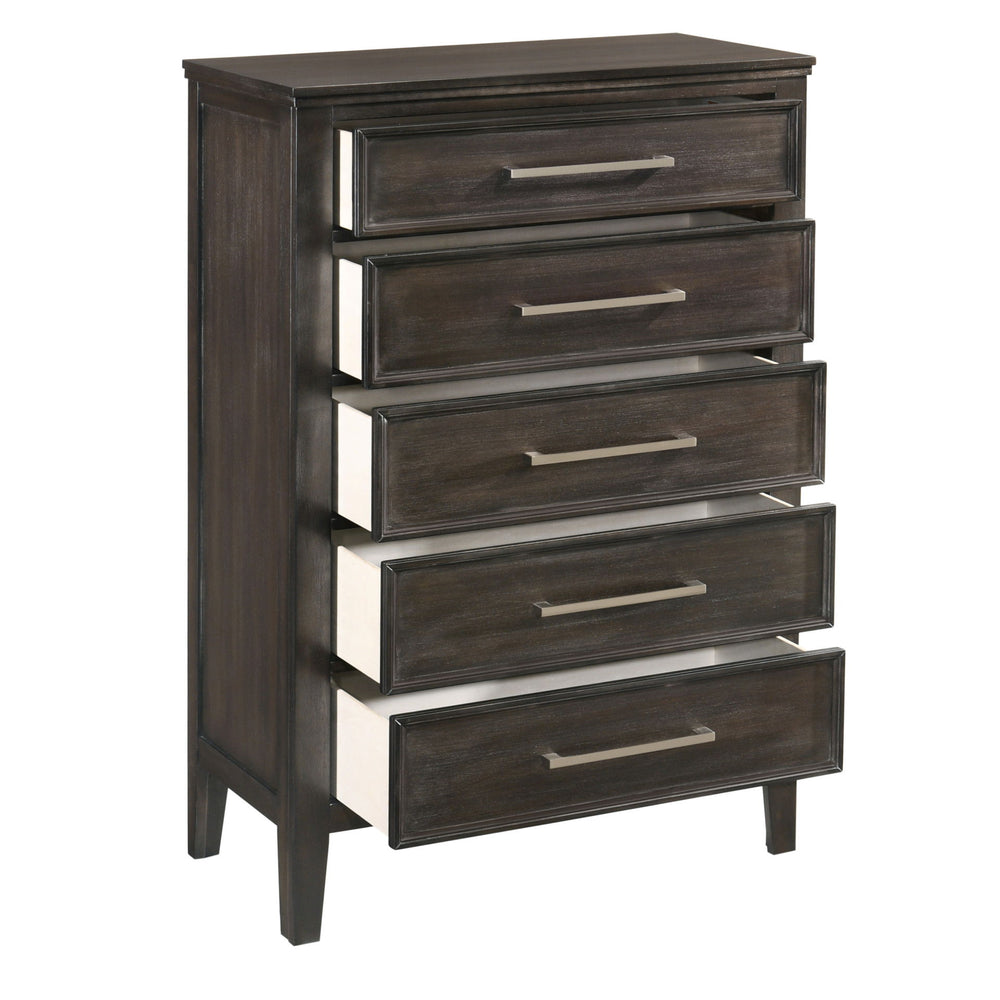 The Andover Five Drawer Wood Chest in Nutmeg Brown combines durability, functionality, and modern rustic style, making it an essential piece for any bedroom. Expertly crafted from solid Rubberwood, manufactured woods, and wood veneers, this chest is built