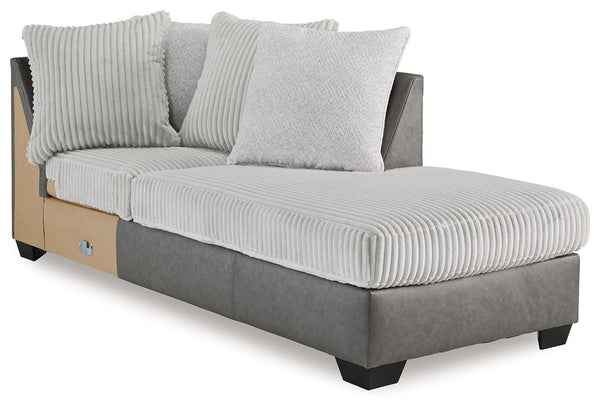 This right-arm facing corner chaise is made with polyester and faux leather upholstery. Pairs with other items in the series to make a sectional.<br><br><b>Additional Dimensions</b><br><ul><li>Seat depth: 74-"</li><li>Seat height: 20-"</li><li>Top of cush