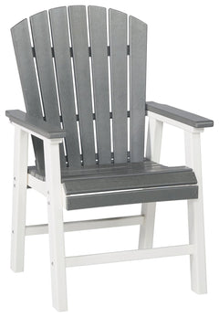 Pull up a chair on the back deck or poolside and gather around for good times. These two-tone outdoor dining chairs have sturdy legs in crisp white, with the arms, seat and back in a cool shade of gray. A slatted seat and back allow drainage to prevent ra