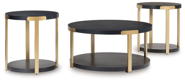 Reflect your cool, contemporary eye for design with this table set. Pairing a gleaming goldtone finish and black wood grain pattern, it crafts a luxe look for your living room. The lower shelves are well-suited for displaying your favorite decor, while ca