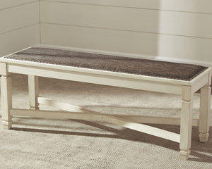  this generously scaled bench entices with a cushioned seat covered in a heavy woven fabric that complements the antiqued white finish.<br/><br/><b>Product Fea