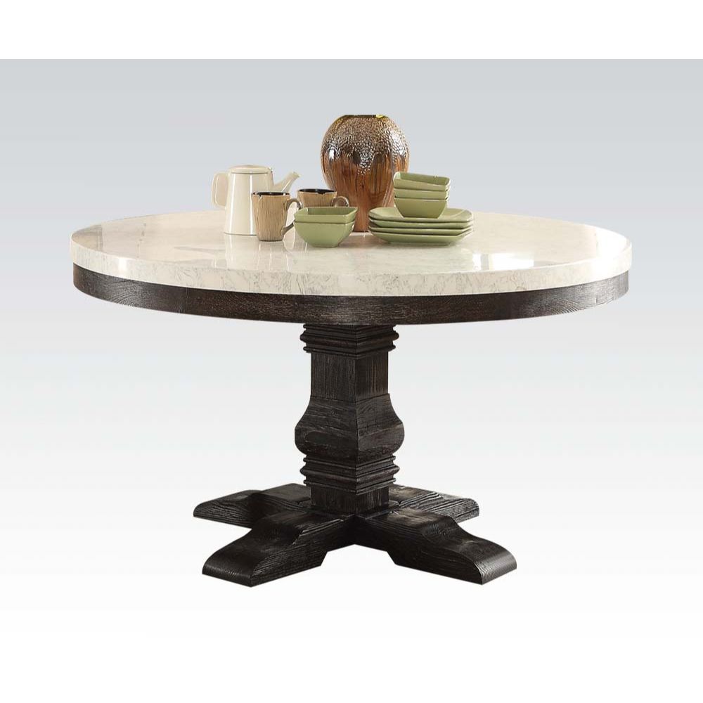 The Nolan marble dining collection offers an elegant design to turn your dining area into the most eye catching spot of your house. Each piece is supported by a strong wooden base in salvage dark oak, contrasting the flawless white marble table top and be