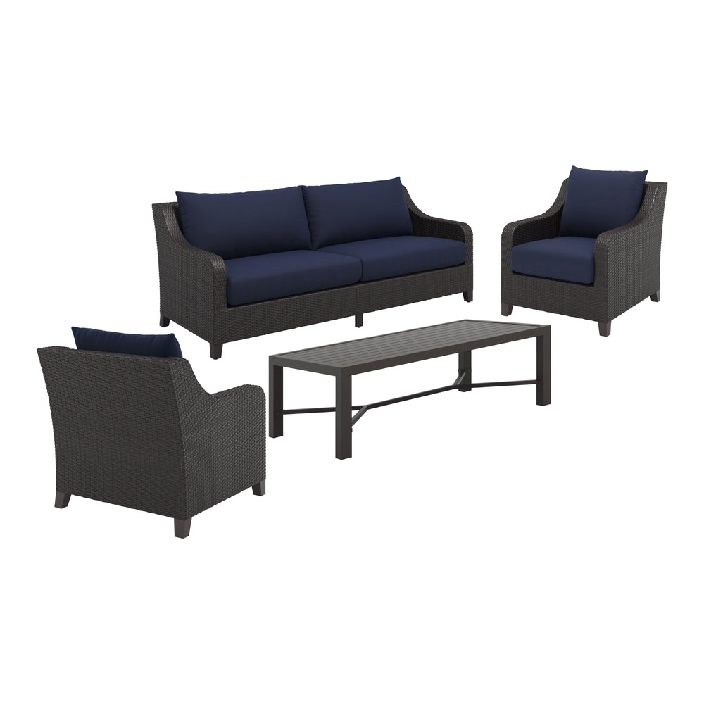 Discover the Skye Outdoor Patio Conversation Set in rich Navy Blue, complete with a three-seater sofa, two club chairs, and a coffee table, designed to enhance your outdoor experience. Crafted with durable aluminum frames and a baked-on powder finish, thi