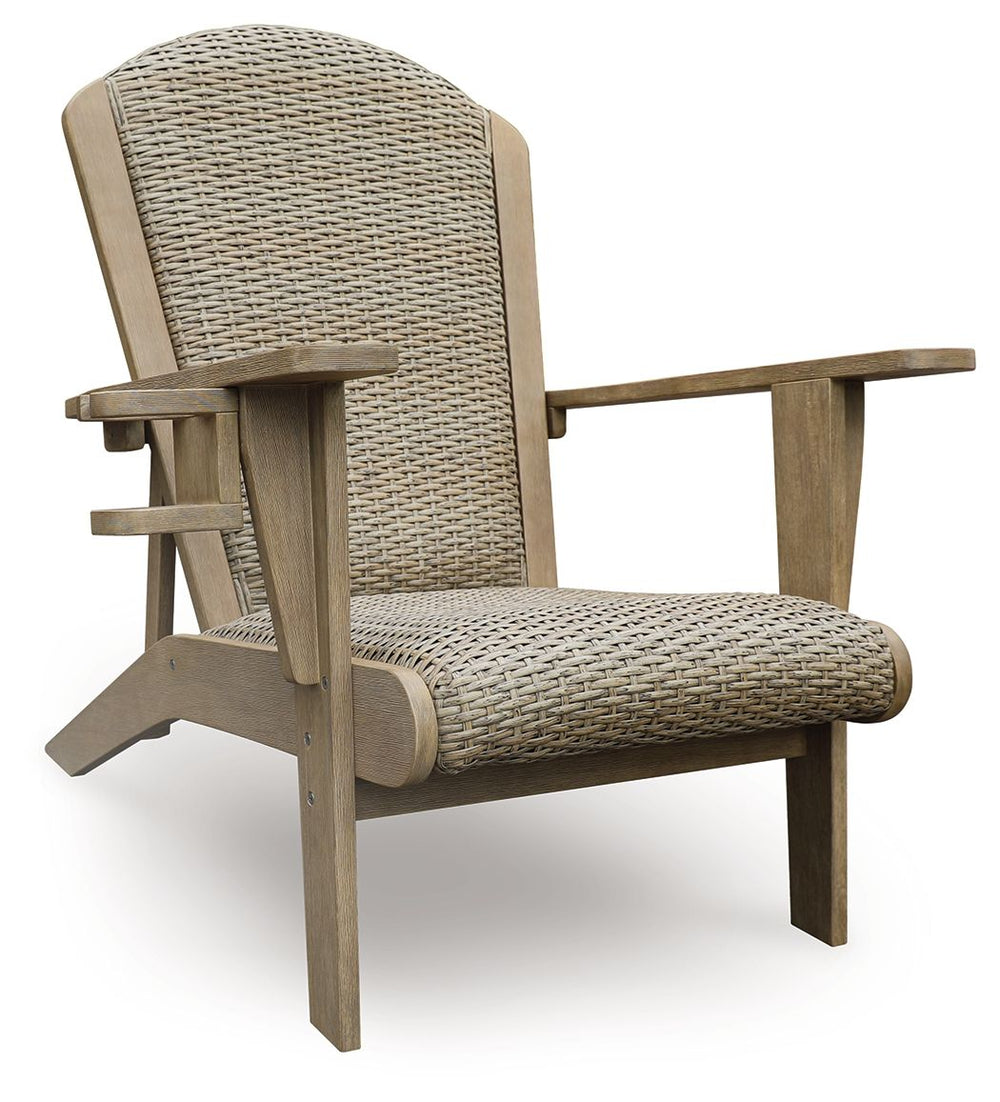 This Adirondack chair takes a classic design to new heights of relaxation. Comfortably padded and crafted with durable eucalyptus wood and handwoven resin wicker, this chair weathers the seasons beautifully with exceptional form and function.<br><br><b>Ad