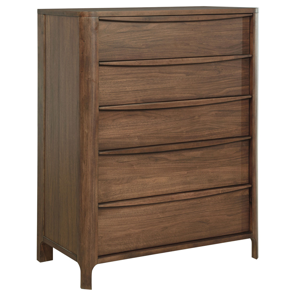 Add stylish storage in a compact footprint with this transitional five-drawer chest. Perfect for the bedroom, it boasts a rich walnut wood veneer that adds warmth to the elegance of natural grain patterns. Fingertip pulls are gently curved, creating textu