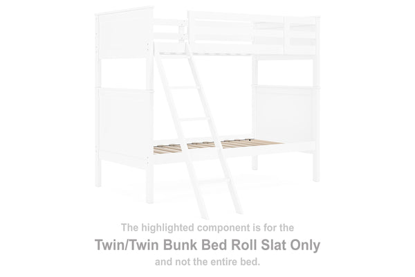 This set of twin-over-twin bunk bed roll slats is made with solid hardwood and MDF substrate. Pairs with other items in the series to make a bed kit.<br/><br/><b>Product Features</b><ul><li>Compatible with other B396 items, sold separately</li></ul><br/>