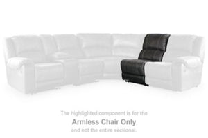 This armless chair is made with faux leather upholstery. Pairs with other items in the series to make a sectional.<br><br><b>Additional Dimensions</b><br><ul><li>Seat depth: 22-"</li><li>Seat height: 20-"</li><li>Top of cushion to top of back: 21-"</li><l