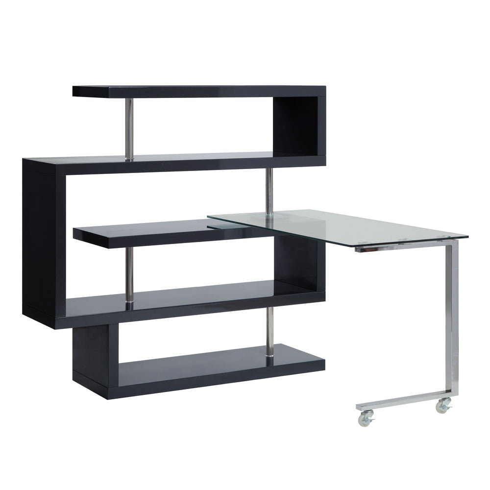 Writing Desk w/Swivel Function 360 Open Storage: 4 Shelves Clear Glass Desk Top High Gloss Finish 2 Wheels Included<br/><br/><b>Product Features</b><ul><li>riting Desk w/Swivel Function 360â°â€§ Open Storage: 4 Shelves â€§ Clear Glass Desk Topâ€§ High Gl