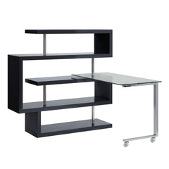 Writing Desk w/Swivel Function 360 Open Storage: 4 Shelves Clear Glass Desk Top High Gloss Finish 2 Wheels Included<br/><br/><b>Product Features</b><ul><li>riting Desk w/Swivel Function 360â°â€§ Open Storage: 4 Shelves â€§ Clear Glass Desk Topâ€§ High Gl