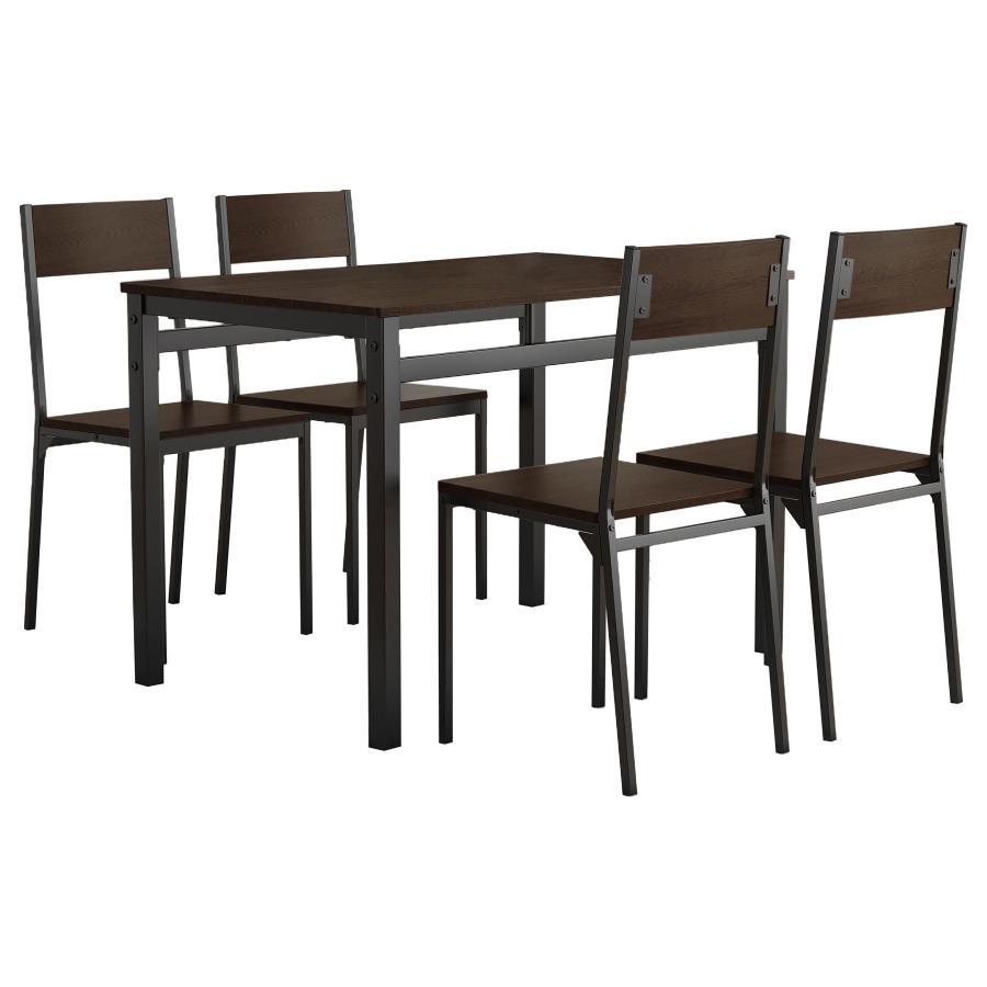 Keep it simple and modern with this five piece dining set. The look of wood tops on a metal frame is characteristic of a modern industrial design theme, popular in loft spaces and modern homes. The finishes bring added protection against the activity of d