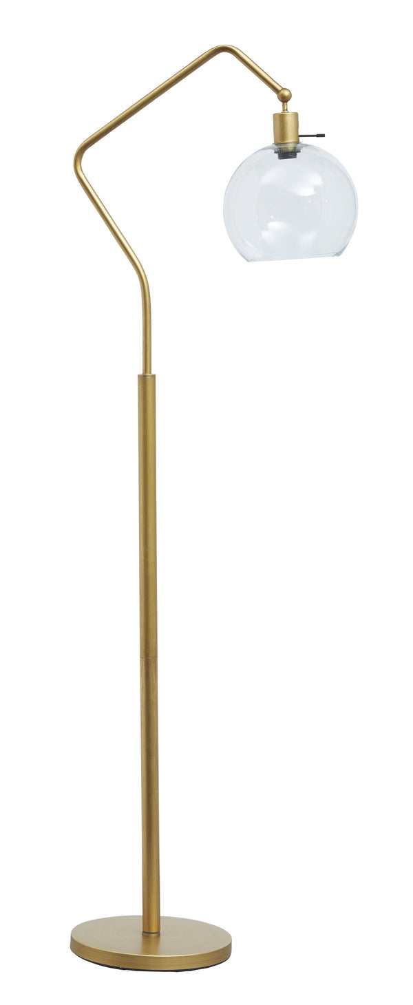 See light through a modern-day lens with this floor lamp. Antiqued brass-tone finish has the warm, eye-catching aesthetic you love. Glass shade hangs from a beautiful angular arm to illuminate your home.<br><br><b>Additional Dimensions</b><br><ul><li>Shad