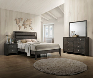This bedroom collection boasts a robust and rustic charm with its rich gray finish, imparting a sense of warmth and character to the space. The centerpiece is a sturdy bed with a slatted headboard that combines both contemporary and traditional design ele