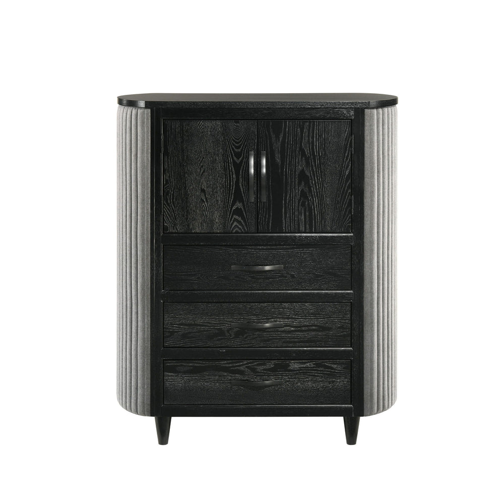 The Skyline Door Chest in Onyx blends bold design with functionality. Crafted from solid Rubberwood, engineered woods, and Ash Wood veneers, itâ€™s built to last with a modern, sophisticated look. The Onyx Black finish with gray glazing enhances the wood 