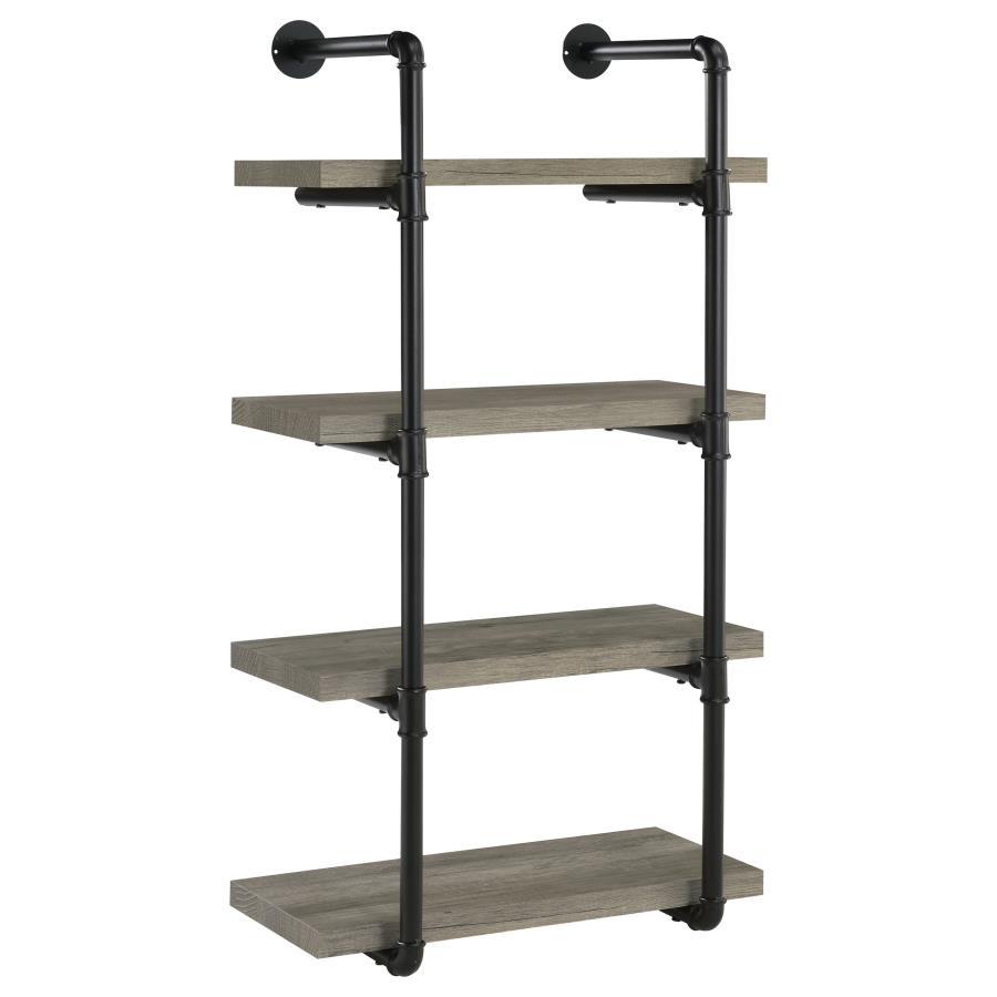 Industrial design can be elegant, as shown by this wall shelf. Plumbing pipe frame highlights the rugged utility that-'s the hallmark of the style. Wall hanging adds a unique element to the piece. Incorporates four (4) open shelves for ease of storage or 