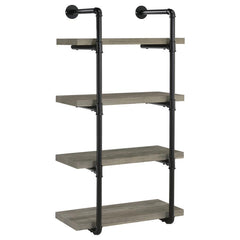 Industrial design can be elegant, as shown by this wall shelf. Plumbing pipe frame highlights the rugged utility that-'s the hallmark of the style. Wall hanging adds a unique element to the piece. Incorporates four (4) open shelves for ease of storage or 