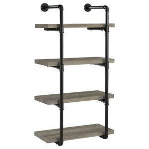 Industrial design can be elegant, as shown by this wall shelf. Plumbing pipe frame highlights the rugged utility that-'s the hallmark of the style. Wall hanging adds a unique element to the piece. Incorporates four (4) open shelves for ease of storage or 