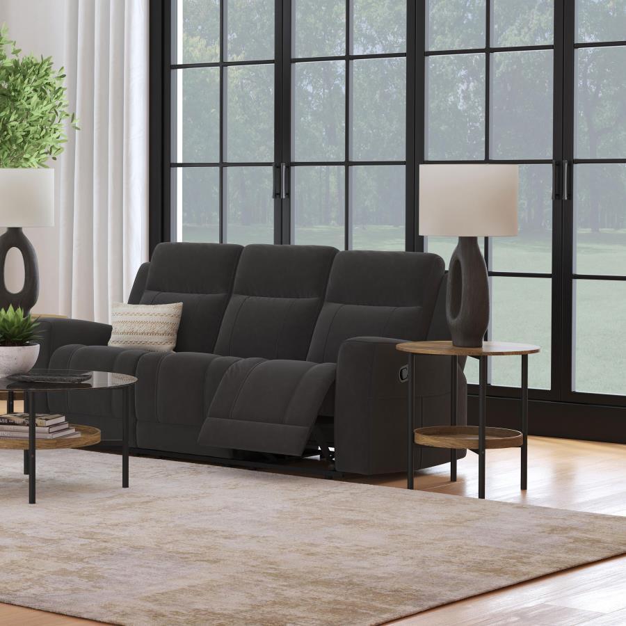Spend the day looking forward to kicking back and relaxing on a modern reclining sofa. It boasts a pair of manual recliners, ideal for everything from movie marathons to enjoying game day with friends. Upholstery is suede-like with a matte look and feel, 
