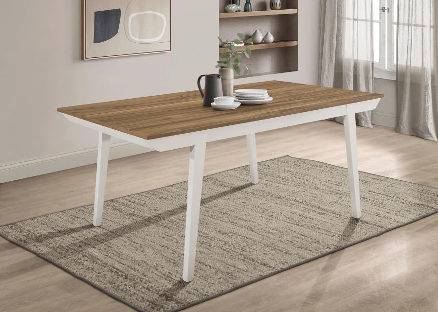 A decorative base adds chic flair to the casual contemporary nature of this rectangular dining table. Delivering farmhouse charm without overwhelming, the table shows off a acacia brown wood top that brings warmth and dimension with earthy wood grain patt