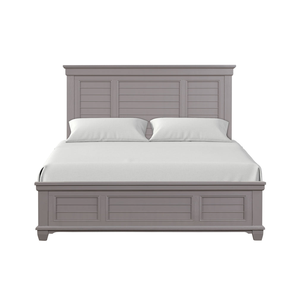 The Jamestown Wood Panel Bed in Gray embodies a perfect fusion of contemporary and traditional design elements, offering a versatile and sophisticated look for any bedroom. Expertly crafted from solid Acacia, premium manufactured woods, and authentic Oak 