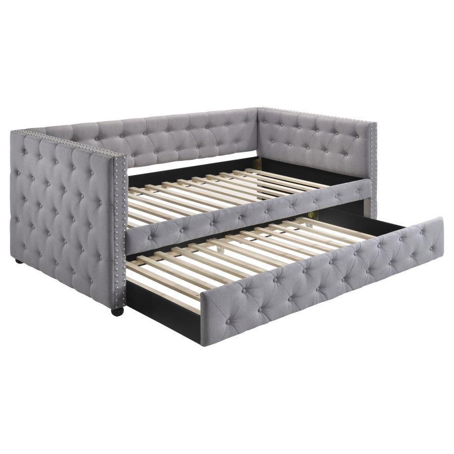 This bed-'s regal appearance belies its convenience and usefulness in hosting those extra house guests. The tufted surface pattern adds visual interest. The metallic-colored polyester finish makes this a design element you can place anywhere throughout th