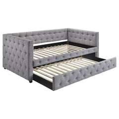 This bed-'s regal appearance belies its convenience and usefulness in hosting those extra house guests. The tufted surface pattern adds visual interest. The metallic-colored polyester finish makes this a design element you can place anywhere throughout th