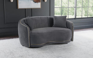  the loveseat is a chic curved kidney silhouette with tight upholstery over its seat and a channel tufted back. The outer back and arm s