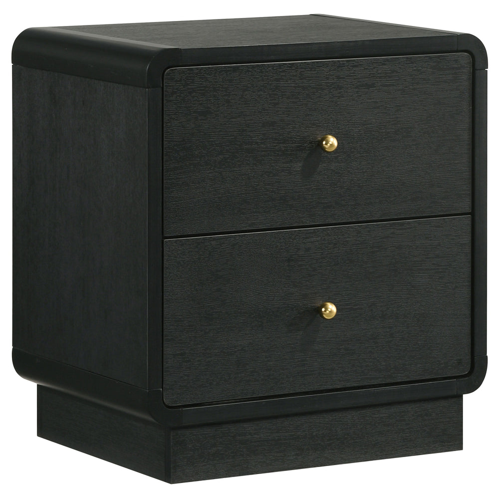 Put finishing touches on a sophisticated bedroom ensemble with this modern two-drawer nightstand. Offering roomy storage for overnight essentials, it features a rich black finish over melamine surfaces that are designed for longevity. The nightstand featu