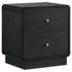 Put finishing touches on a sophisticated bedroom ensemble with this modern two-drawer nightstand. Offering roomy storage for overnight essentials, it features a rich black finish over melamine surfaces that are designed for longevity. The nightstand featu