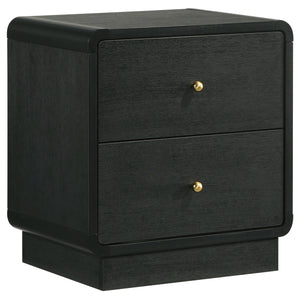 Put finishing touches on a sophisticated bedroom ensemble with this modern two-drawer nightstand. Offering roomy storage for overnight essentials, it features a rich black finish over melamine surfaces that are designed for longevity. The nightstand featu