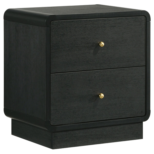Put finishing touches on a sophisticated bedroom ensemble with this modern two-drawer nightstand. Offering roomy storage for overnight essentials, it features a rich black finish over melamine surfaces that are designed for longevity. The nightstand featu