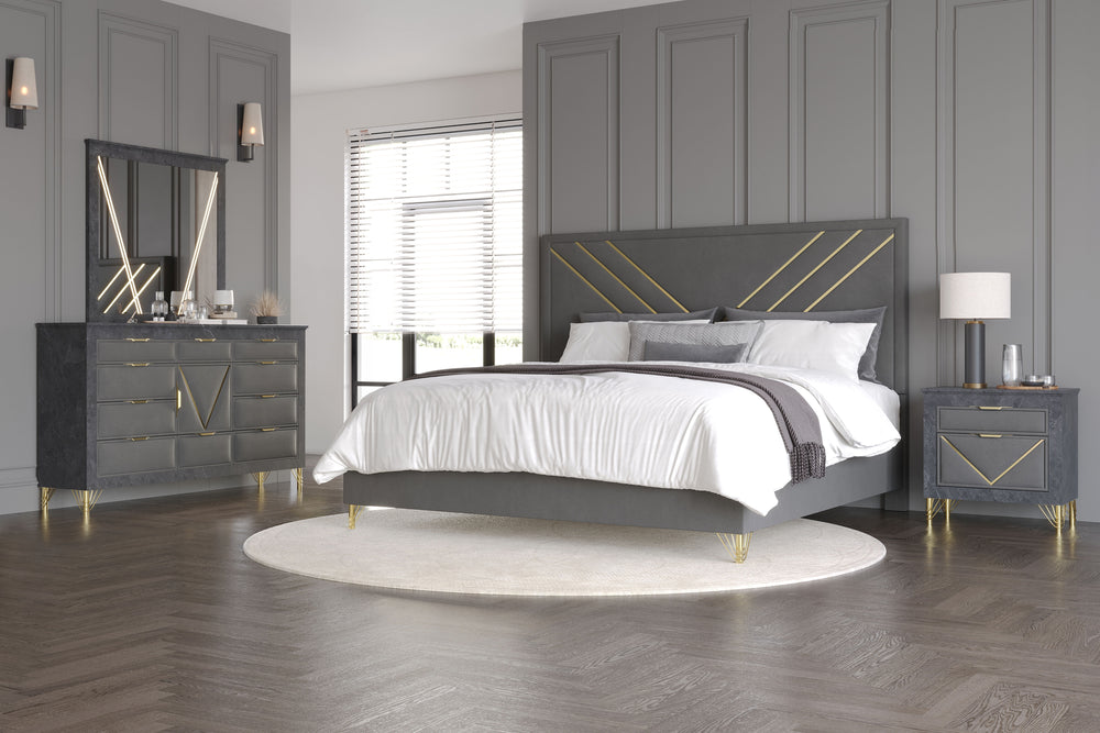 Transform your space with the Symmetry 4-Piece Bedroom Set in Gray, featuring an upholstered panel bed, dresser, mirror, and nightstand. Crafted from premium woods with a gray marble laminate, this set radiates timeless elegance. Gold metal and mylar acce