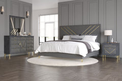 Transform your space with the Symmetry 4-Piece Bedroom Set in Gray, featuring an upholstered panel bed, dresser, mirror, and nightstand. Crafted from premium woods with a gray marble laminate, this set radiates timeless elegance. Gold metal and mylar acce