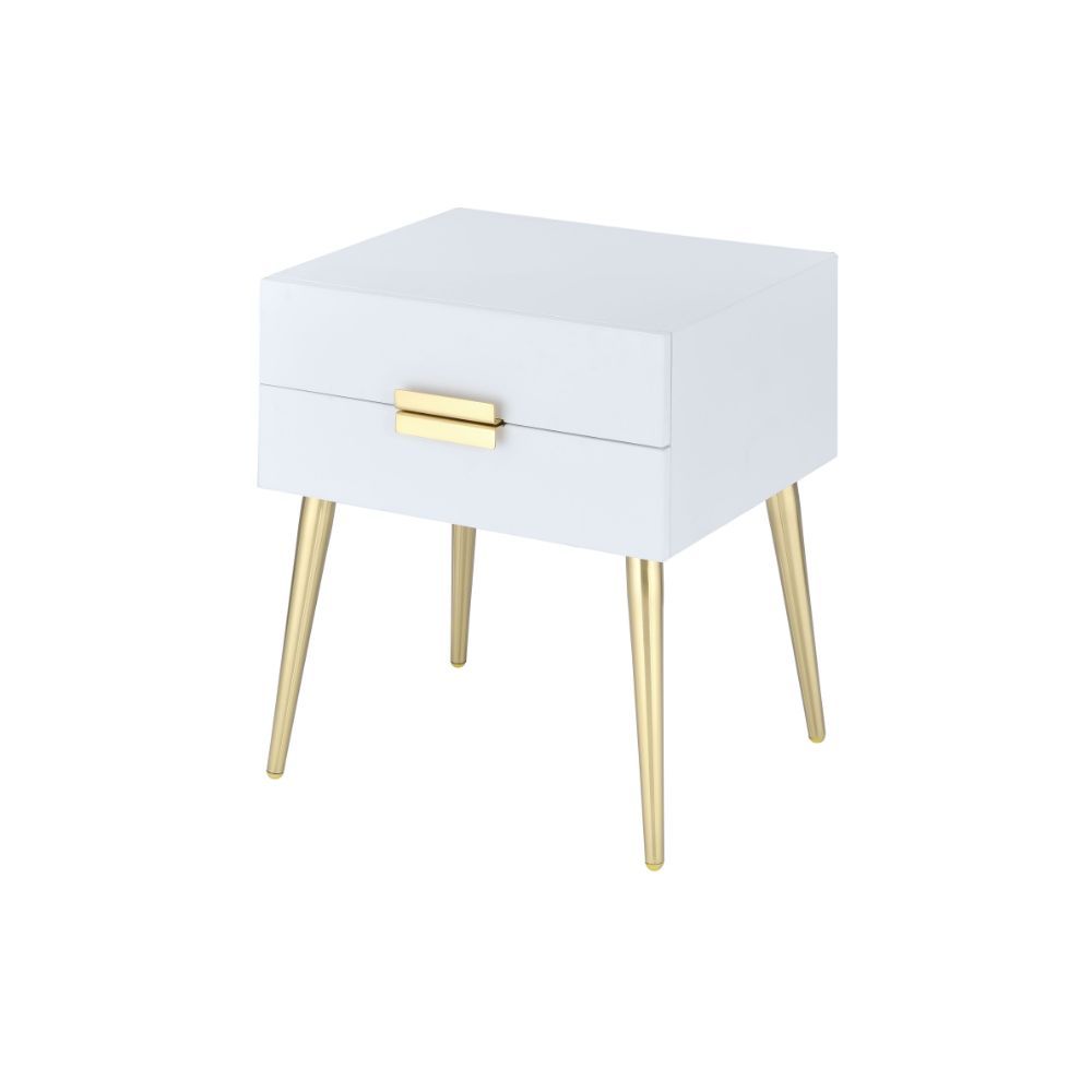 The Denvor end table brings a retro style with a classy feel. This table white rectangular top featuring gold finished legs, accented by a matching gold drawer pull. This table is perfect addition to any living room, bedroom, or hall way to add a stylish 