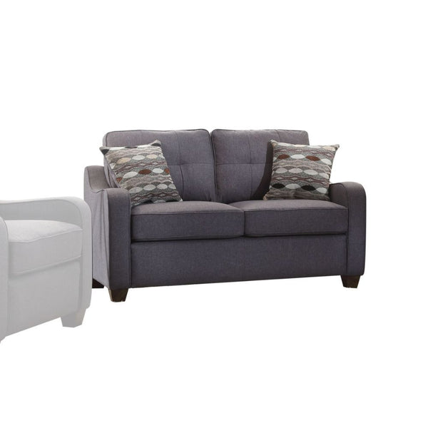Styled in Cleavon II collection, this gray upholstery piece will bring you a modern and comfortable sensation in the living room. Featuring with sloped arms, loose seat and back cushion, plastic wood grain legs, and colorful accent pillows present you a b