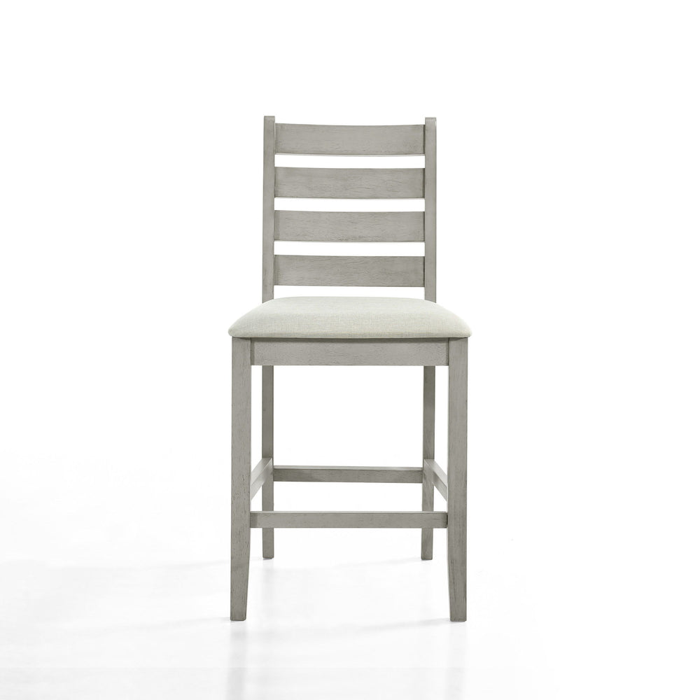 Introducing the Pascal Ladderback Counter Chairs in Driftwood Gray, a perfect blend of durability and style. Sold in sets of two, these counter-height chairs are crafted from solid Rubberwood and feature four base stretchers for enhanced stability, ensuri