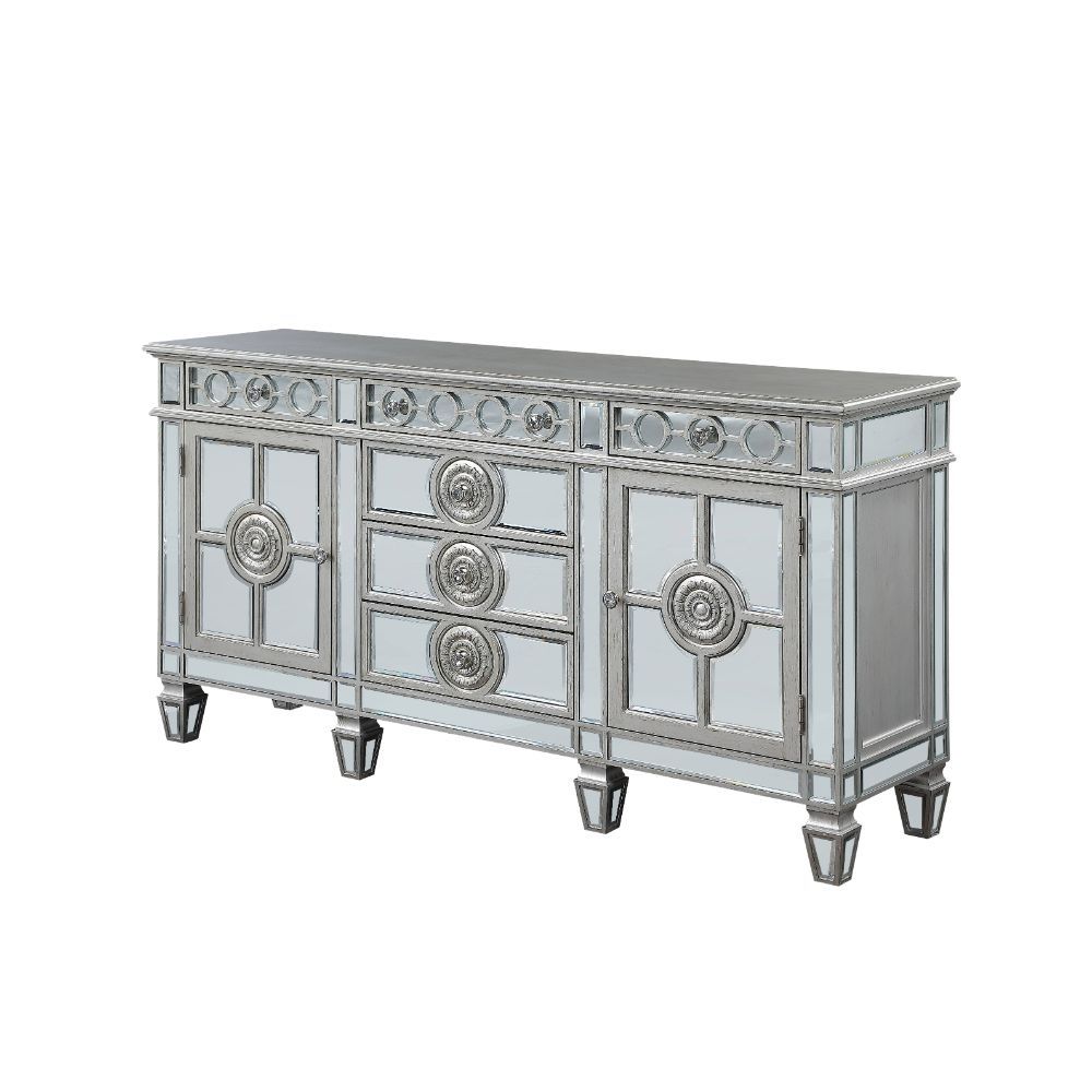 Server Storage: 6 Drawers, 2 Doors (Inside 2 Compartments w/1 Wooden Shelf) Wooden Top & Frame, Raised Geometric Trim, Beveled-Mirror Inlay (Door/Drw/Case), Tapered Leg CONSTRUCTION] Wooden Frame: Beveled Mirror, Wood (Poplar+Rbw), MDF Mirrored Tapered Le