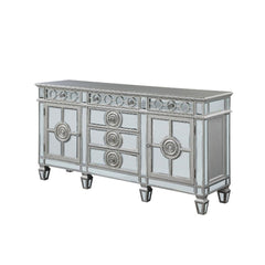 Server Storage: 6 Drawers, 2 Doors (Inside 2 Compartments w/1 Wooden Shelf) Wooden Top & Frame, Raised Geometric Trim, Beveled-Mirror Inlay (Door/Drw/Case), Tapered Leg CONSTRUCTION] Wooden Frame: Beveled Mirror, Wood (Poplar+Rbw), MDF Mirrored Tapered Le