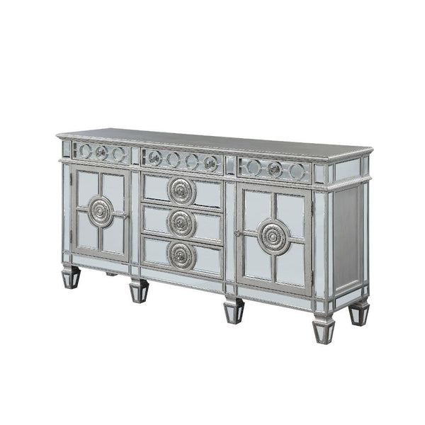 Server Storage: 6 Drawers, 2 Doors (Inside 2 Compartments w/1 Wooden Shelf) Wooden Top & Frame, Raised Geometric Trim, Beveled-Mirror Inlay (Door/Drw/Case), Tapered Leg CONSTRUCTION] Wooden Frame: Beveled Mirror, Wood (Poplar+Rbw), MDF Mirrored Tapered Le