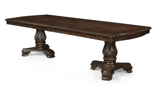 Elevate your dining experience with this exquisite and elegantly crafted set, designed to bring timeless sophistication to your home. The grand rectangular table features a rich, dark finish and intricately carved double pedestal base, making it the perfe
