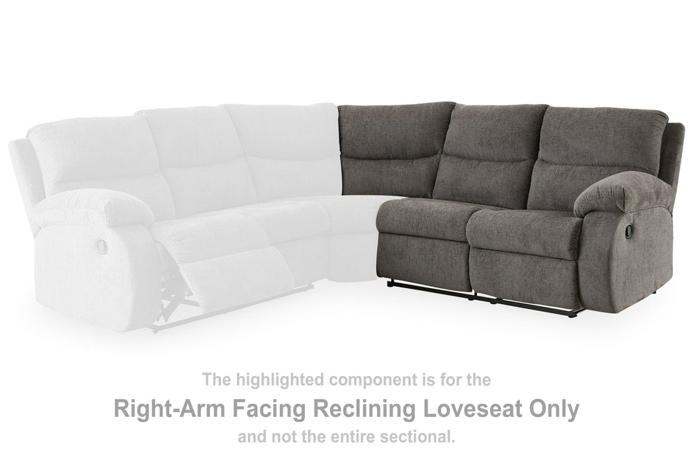 This right-arm facing reclining loveseat with half wedge is made with polyester upholstery. Pairs with other items in the series to make a sectional.<br><br><b>Additional Dimensions</b><br><ul><li>Arm height: 26-"</li><li>Seat depth: 22-"</li><li>Seat hei
