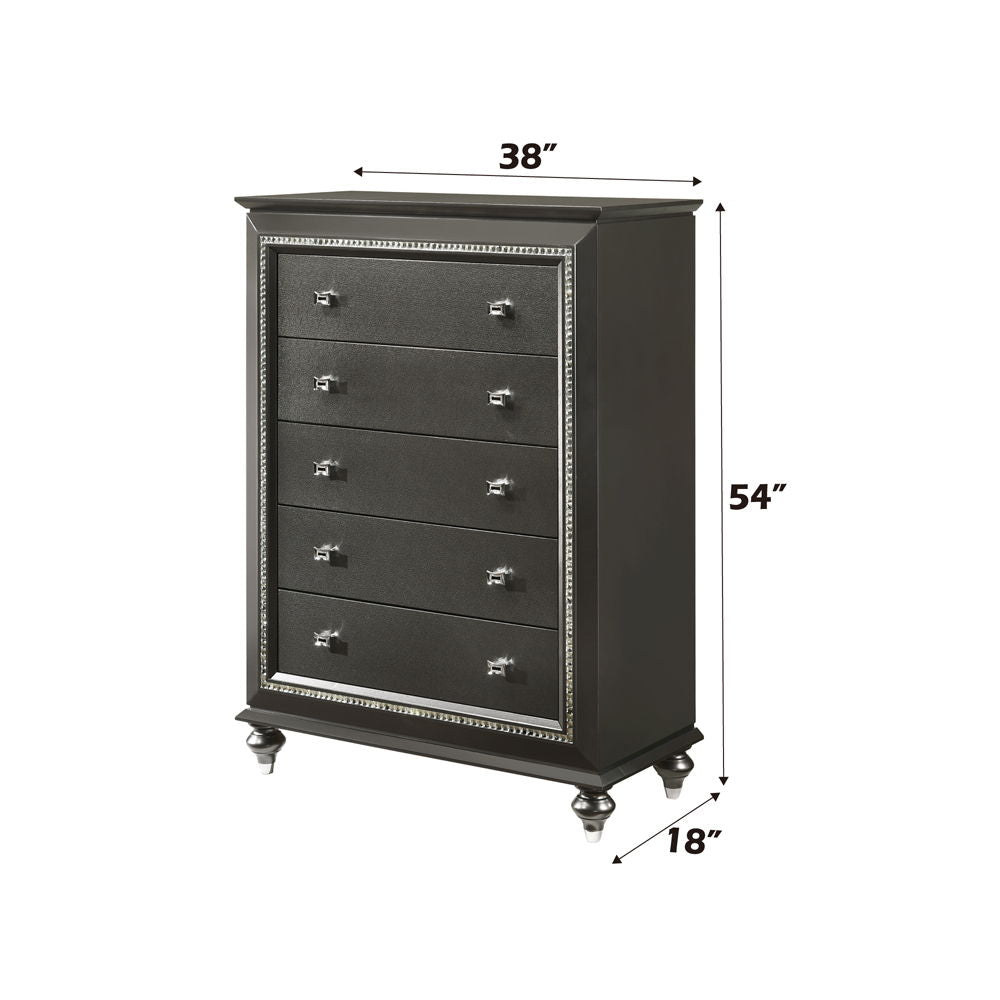 The Kaitlyn chest provides a commanding presence in any room. Crafted with a transitional look that is an ideal addition to any bedroom, the chest is accented with textured front and a crystal-like sparkling trim. Its crystal-like trimming creates dazzlin