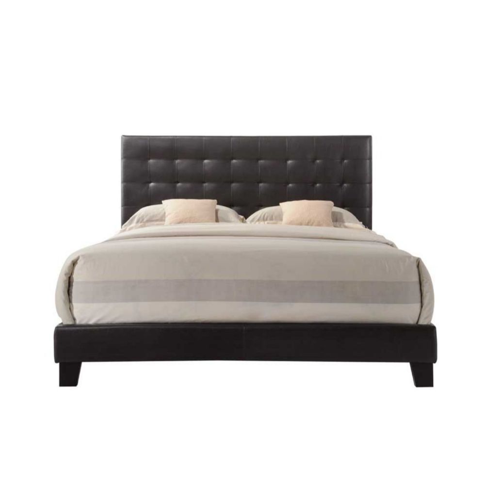 The Masate bed is a modern styled platform bed. The headboard is wrapped in espresso toned PU and has a traditional use of button tufting, creating an interesting and inviting look to the headboard. The platform footboard and side rails are wrapped in esp